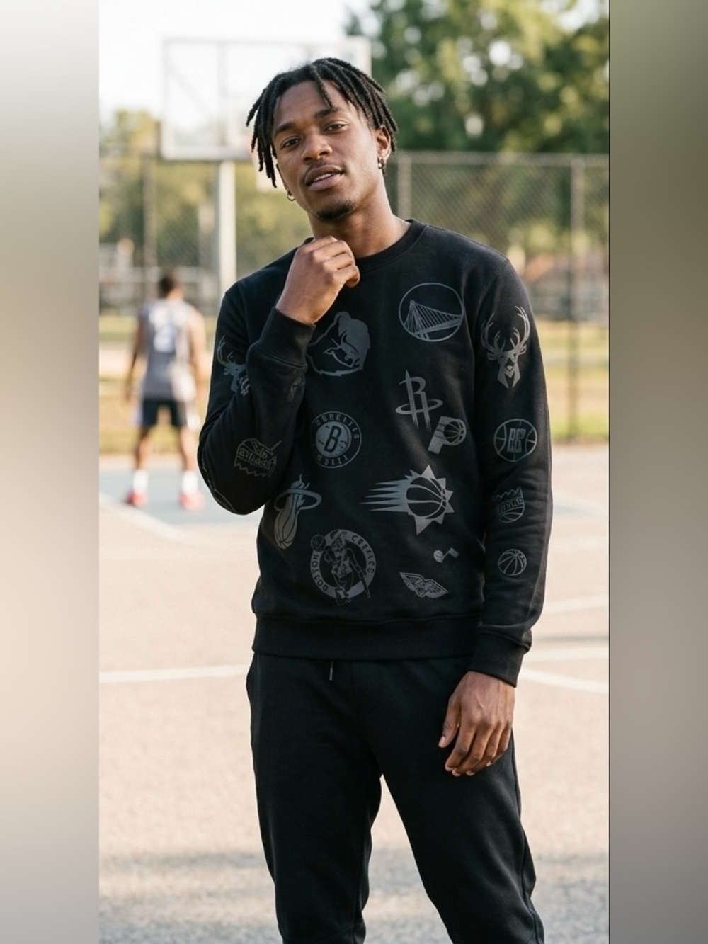 Ultra Game NBA All-Over Print Tonal Logo Sweatshirt Black Blackout Size M